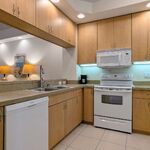 Well-appointed kitchen.  Dishwasher on the left.  Range/stove and Over-The-Range microwave on the right.  Cabinets contain dishes, pots, pans, cooking tools, and more.

Looking North.