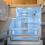 Refrigerator has LED lighting.  French door design with freezer on the bottom.

Looking North.